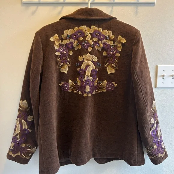 Coldwater Creek Beaded Embroidered Brown Open Front Jacket Floral Boho Women’s - Picture 10 of 10
